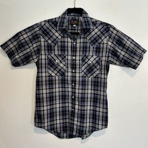 Vintage Plains Western Wear Shirt Mens Small Black Grey Plaid Pearl Snap Cowboy